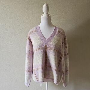 Rails Colleen Plaid Oversized Mohair Purple Plaid V Neck Sweater Medium